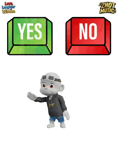 a cartoon character is standing next to a yes and no button