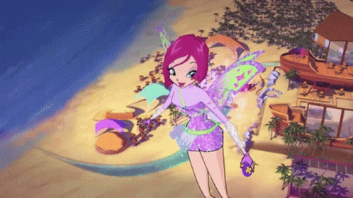 A Cartoon Character Is Standing On A Beach With A Boat In The Background GIF