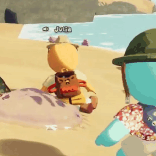 A Cartoon Character Is Standing On A Beach With Julia In The Background GIF