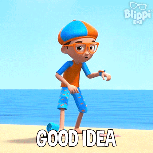 A Cartoon Character Is Standing On A Beach With The Words Good Idea Below Him GIF