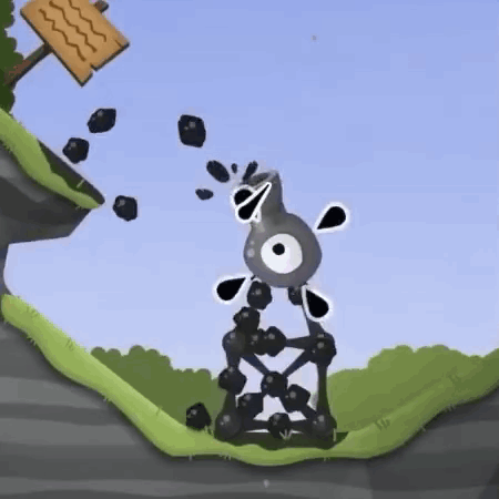 A Cartoon Character Is Standing On A Bridge Made Of Rocks And A Sign . GIF