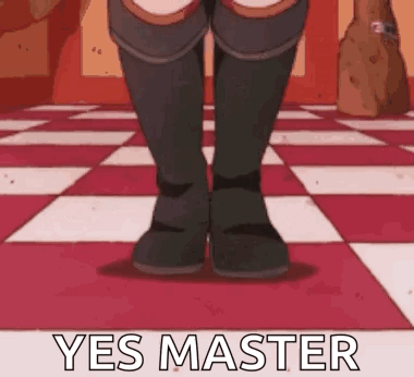 A Cartoon Character Is Standing On A Checkered Floor With The Words `` Yes Master '' Written On It . GIF