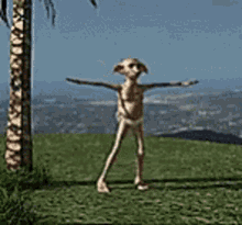 A Cartoon Character Is Standing On A Grassy Hill With His Arms Outstretched . GIF