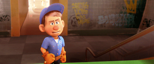 A Cartoon Character Is Standing On A Green Staircase With Graffiti On The Walls Behind Him GIF