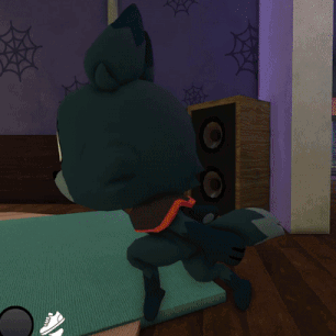 A Cartoon Character Is Standing On A Mat In Front Of A Speaker GIF