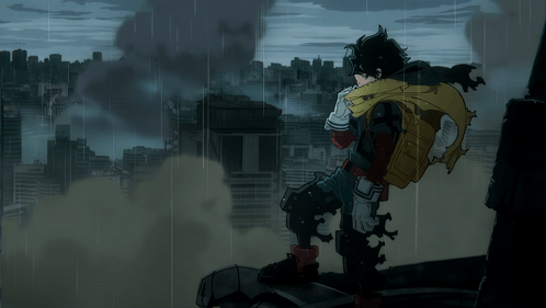 A Cartoon Character Is Standing On A Rooftop In The Rain GIF
