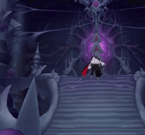 A Cartoon Character Is Standing On A Set Of Stairs In A Dark Room GIF