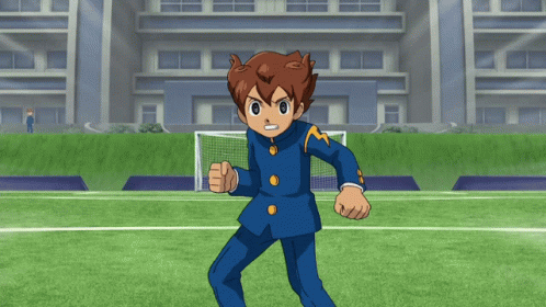 a cartoon character is standing on a soccer field in front of a building
