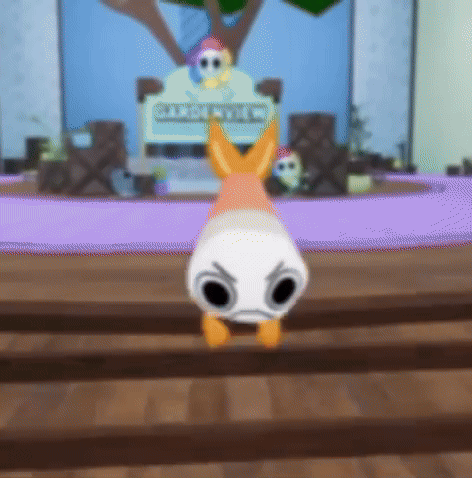 A Cartoon Character Is Standing On A Wooden Floor In A Room With A Purple Rug . GIF