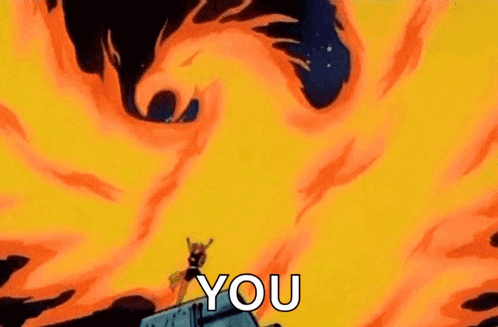 A Cartoon Character Is Standing On Top Of A Building In Front Of A Fireball . GIF