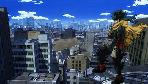 A Cartoon Character Is Standing On Top Of A Building Looking Out Over A City GIF