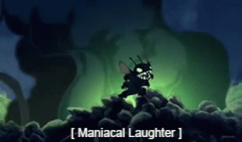 A Cartoon Character Is Standing On Top Of A Pile Of Rocks With The Words " Maniacal Laughter " Written On The Bottom GIF
