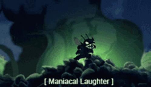 A Cartoon Character Is Standing On Top Of A Pile Of Rocks With The Words Maniacal Laughter Written On The Bottom GIF