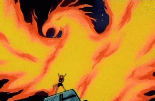 A Cartoon Character Is Standing On Top Of A Tank In Front Of A Huge Fire . GIF