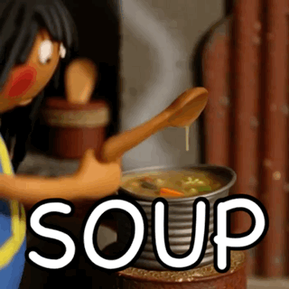 a cartoon character is stirring a pot of soup with a spoon .