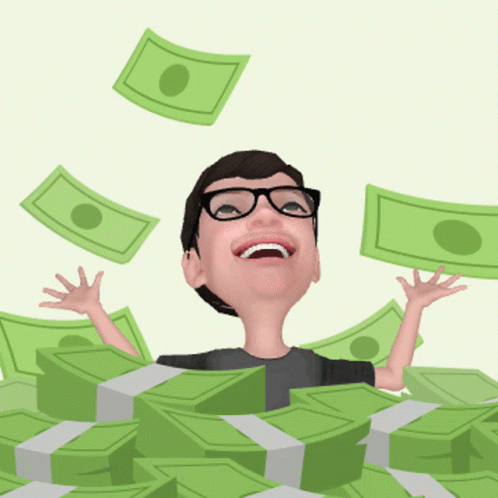 A Cartoon Character Is Surrounded By A Pile Of Green Money GIF