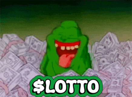 A Cartoon Character Is Surrounded By A Pile Of Money And The Word Lotto Is Above Him GIF