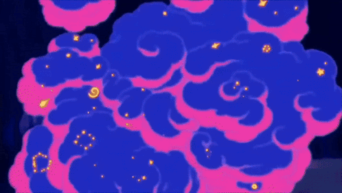 A Cartoon Character Is Surrounded By Blue And Purple Clouds And Glowing Lights . GIF