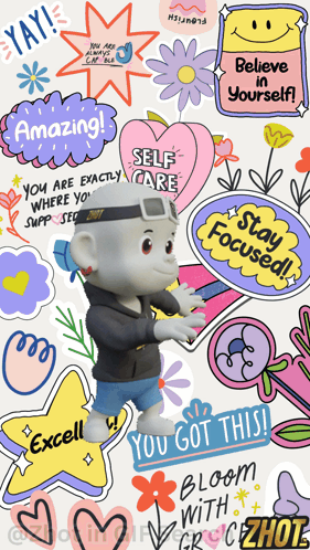 A Cartoon Character Is Surrounded By Colorful Stickers Including One That Says " You Got This " GIF