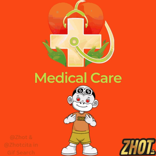 A Cartoon Character Is Surrounded By Hearts And A Medical Care Logo GIF