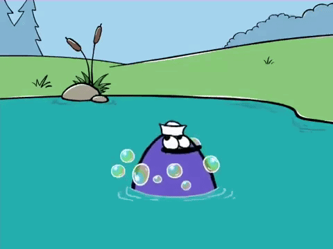 A Cartoon Character Is Swimming In A Pond With Soap Bubbles GIF