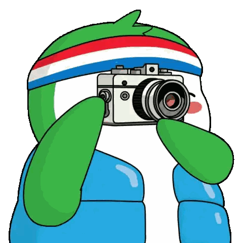 a cartoon character is taking a picture with a camera .