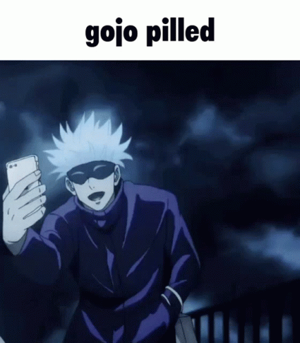 A Cartoon Character Is Taking A Selfie With The Words Gojo Pilled Above Him GIF