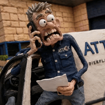 A Cartoon Character Is Talking On A Cell Phone While Holding A Piece Of Paper And Wearing A Shirt That Says Attack GIF