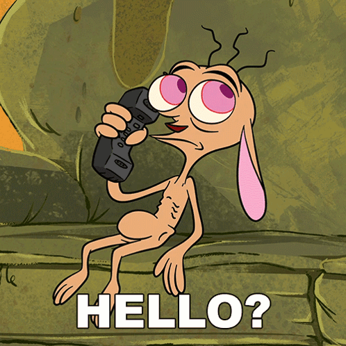 a cartoon character is talking on a phone with the words hello behind him