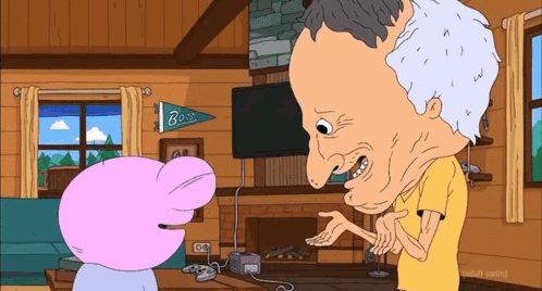 A Cartoon Character Is Talking To Another Character In A Living Room With A Banner That Says Bass GIF