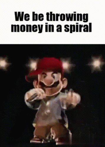 a cartoon character is throwing money in a spiral in a meme .