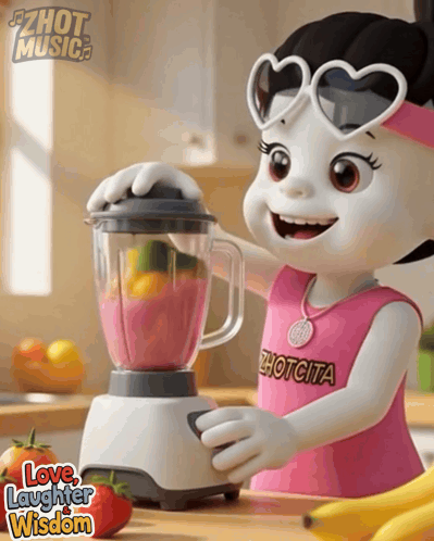 A Cartoon Character Is Using A Blender With The Words Love Laughter Wisdom Written Below It GIF
