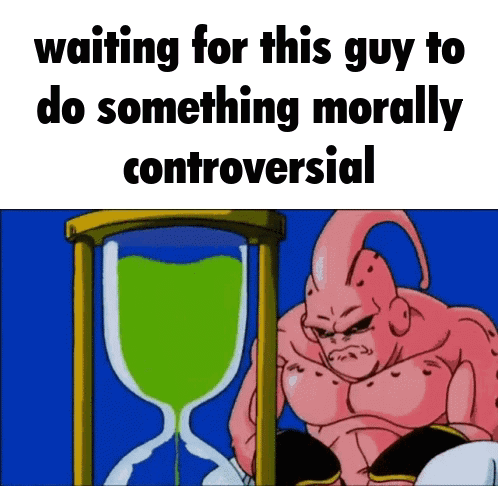 A Cartoon Character Is Waiting For Someone To Do Something Morally Controversial In Front Of An Hourglass GIF