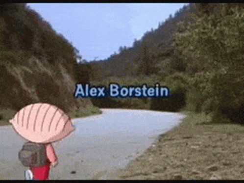 A Cartoon Character Is Walking Down A Road With The Name Alex Borstein On The Bottom GIF