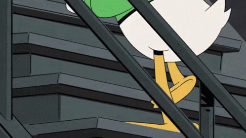 A Cartoon Character Is Walking Down A Set Of Stairs GIF