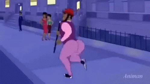 a cartoon character is walking down a street with a cane while two women look on .