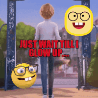 A Cartoon Character Is Walking Down A Street With A Smiley Face And The Words Just Wait Till I Glow Up GIF