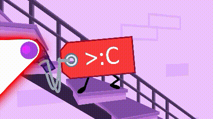 A Cartoon Character Is Walking Down Stairs With A Red Tag That Says > C GIF