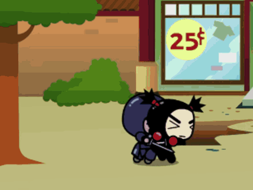 A Cartoon Character Is Walking In Front Of A Store With A 25 Cents Sign GIF