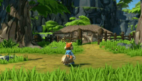 A Cartoon Character Is Walking Through A Grassy Field In A Video Game GIF