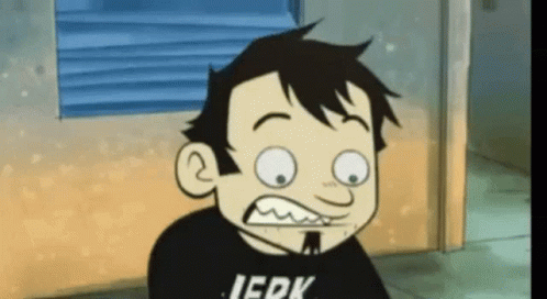 A Cartoon Character Is Wearing A Black Shirt That Says Jerk GIF