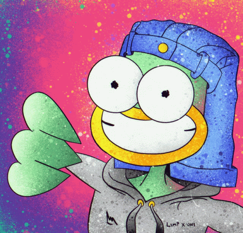 A Cartoon Character Is Wearing A Blue Hat And A Hoodie That Says Limp X Umi GIF