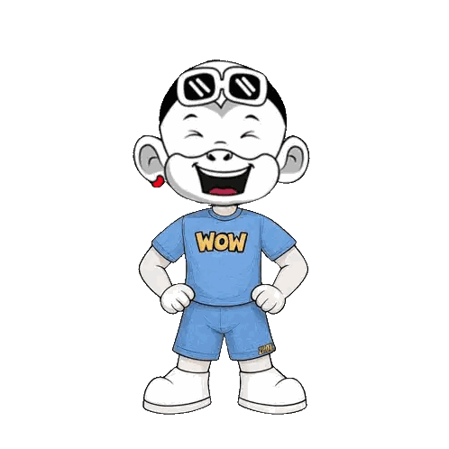 a cartoon character is wearing a blue shirt that says wow