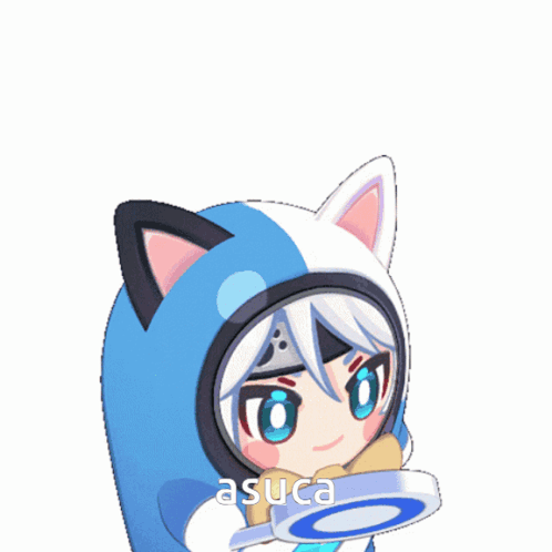 A Cartoon Character Is Wearing A Cat Costume And The Word Asuca Is On The Bottom GIF