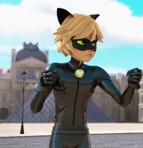a cartoon character is wearing a cat suit and mask and standing on a street .