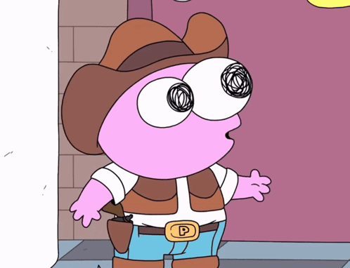A Cartoon Character Is Wearing A Cowboy Hat And Vest With A P On The Belt GIF