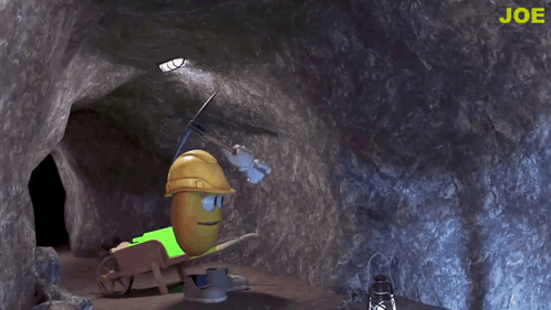 A Cartoon Character Is Wearing A Hard Hat And Holding A Pickaxe And The Word Joe Is On The Bottom GIF