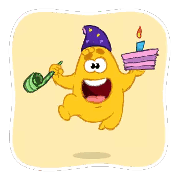 a cartoon character is wearing a party hat and holding a cake