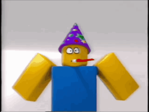 A Cartoon Character Is Wearing A Party Hat And Holding A Red Balloon In His Mouth GIF