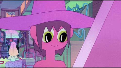 A Cartoon Character Is Wearing A Purple Hat And Has Green Eyes GIF